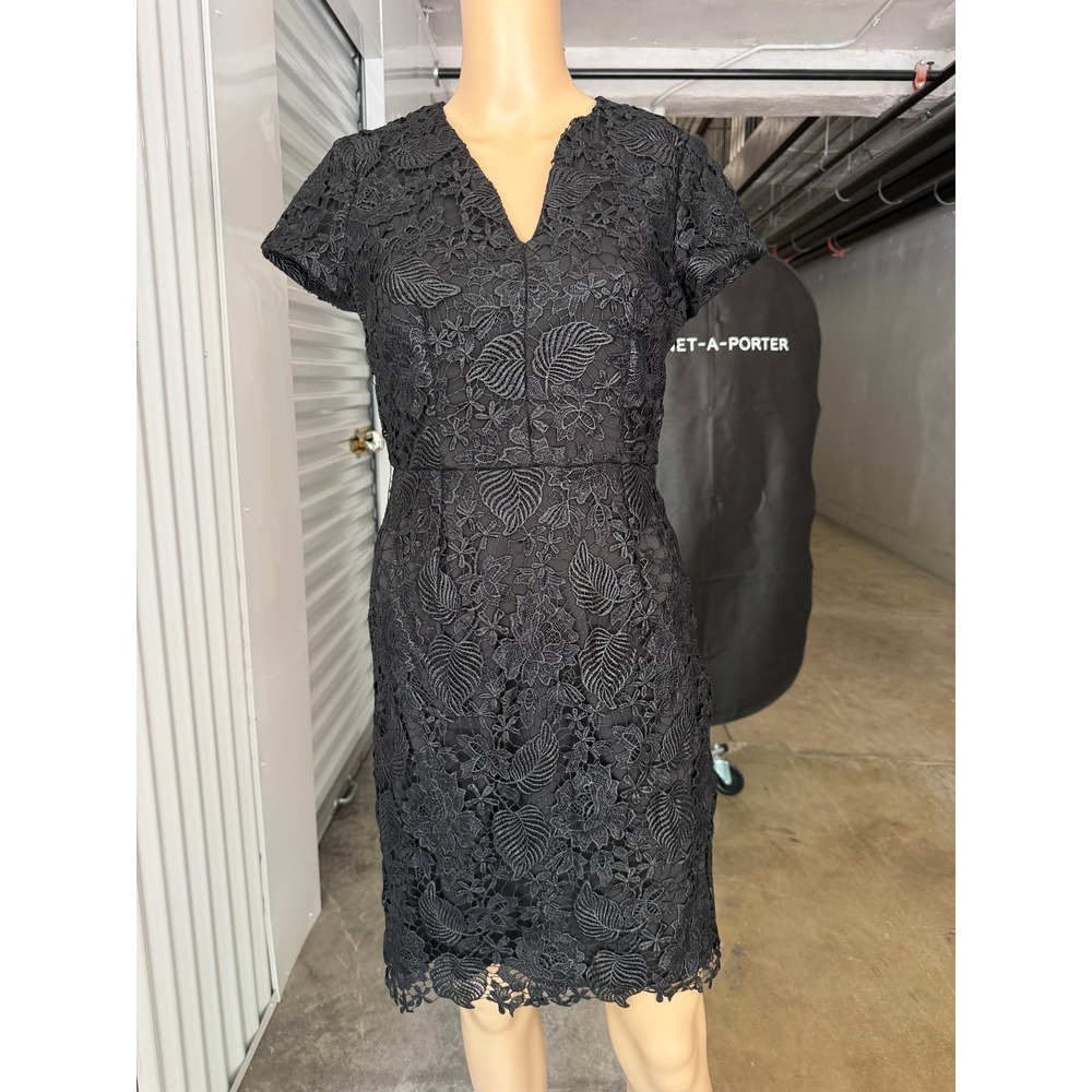HOSS INTROPIA Black Guipure Floral Lace V-Neck Sheath Dress Short Sleeve Size 36